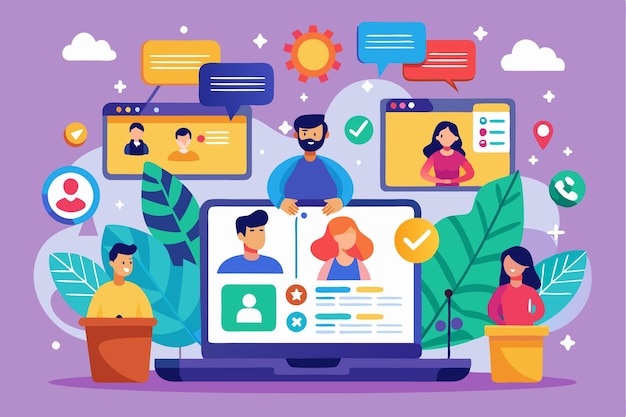 various users interact through customizable social networking features in a colorful digital environment social networking customizable flat illustration