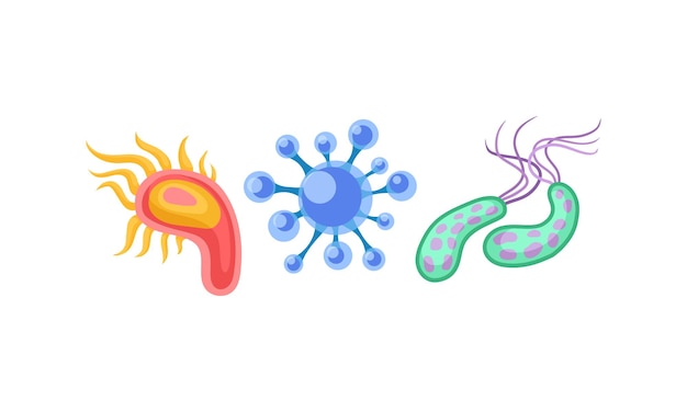 異なる色と形状のさまざまなウイルス微生物と細菌のベクトルセット