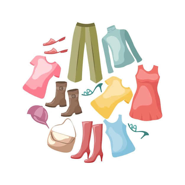 Various women's clothing and shoes in a circle Illustration icon vector