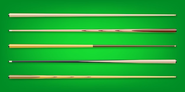 Vector various wooden billiard cues on green background snooker sports equipment vintage pool cue active