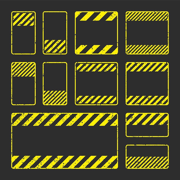 Various yellow grunge warning signs with diagonal lines old attention danger or caution sign