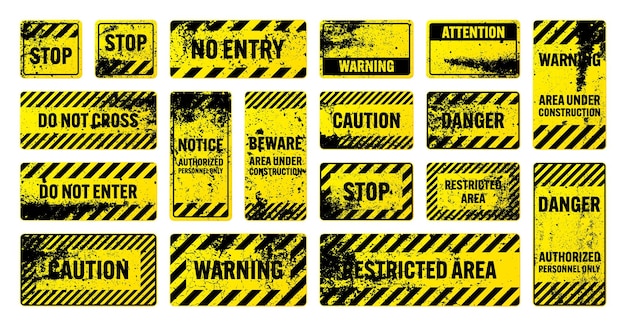 Vector various yellow grunge warning signs with diagonal lines old attention danger or caution sign