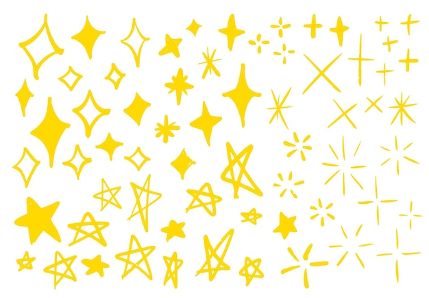 Vector various yellow stars, glitter, graffiti, hand drawn, cartoon