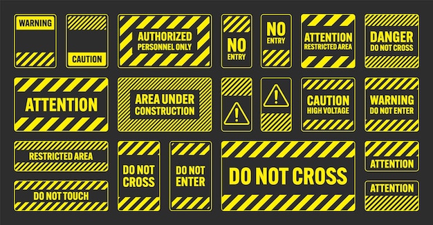 Vector various yellow warning signs with diagonal lines attention danger or caution sign construction site