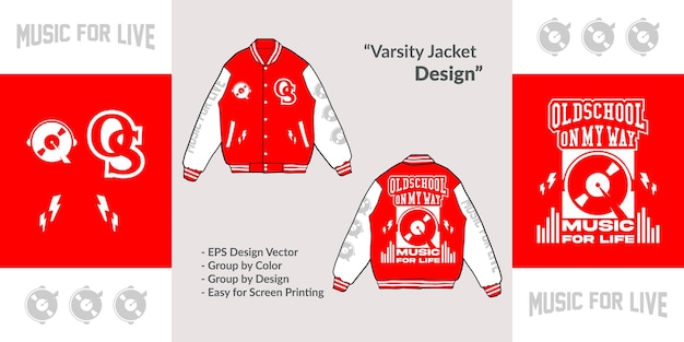 Varsity 재킷 전체 패치 자수 벡터 디자인 힙합 음악 스타일