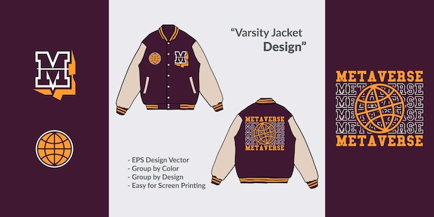 Varsity jas geborduurd premium metaverse thema straatkleding ontwerp vector