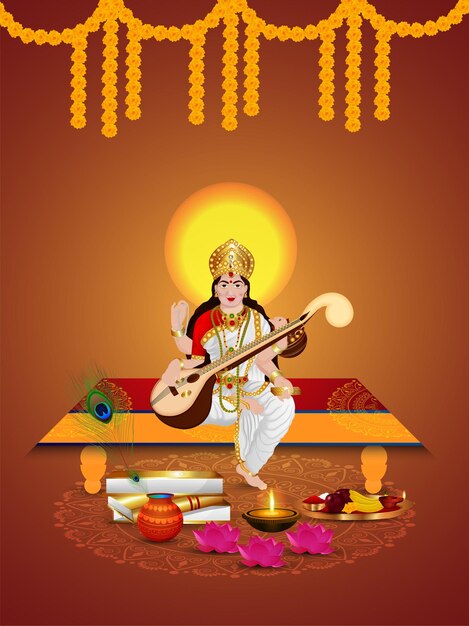 Vector vasant panchami creatieve illustratie van godin saraswati en achtergrond