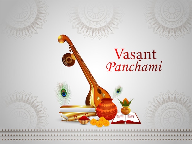 Vasant banner creativo panchami con saraswati veena e libri