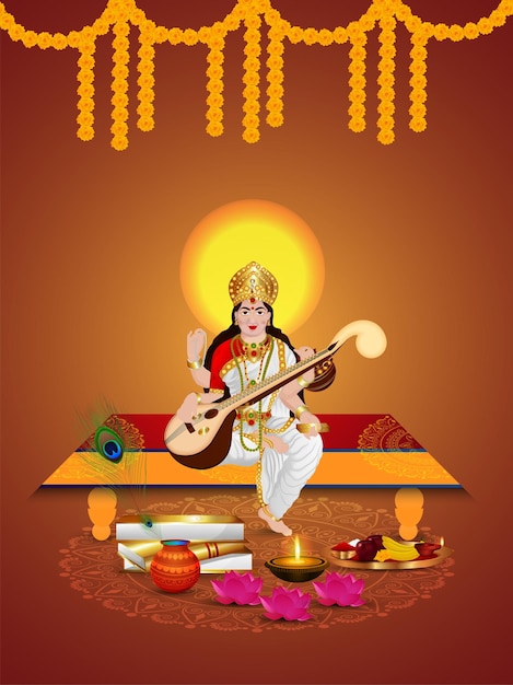 Vettore illustrazione creativa di vasant panchami della dea saraswati e dello sfondo