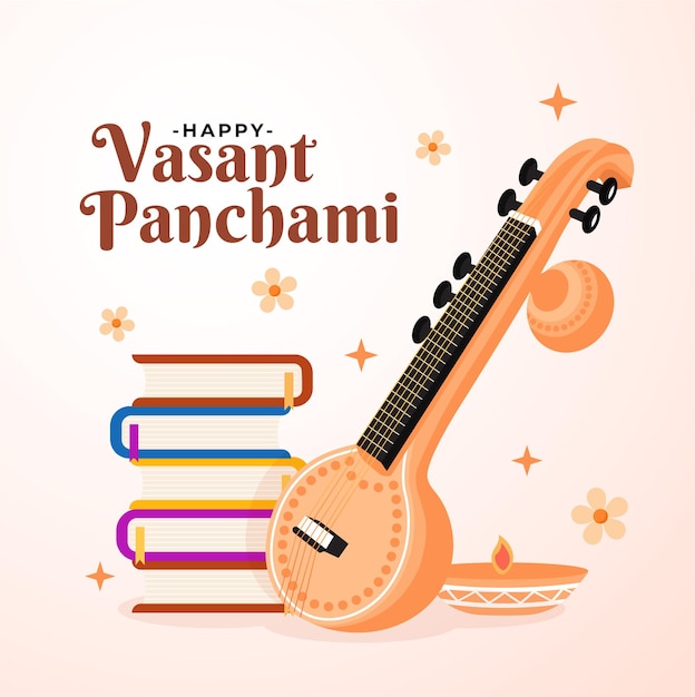 Vasant Panchami viering vector ontwerp met veena muziekinstrument decoratie