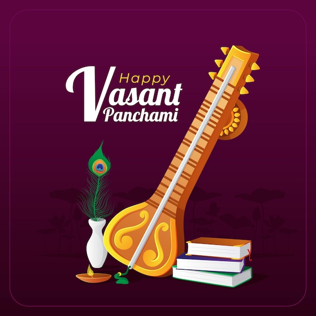 Vasant Panchami-wenskaart met traditioneel muziekinstrument