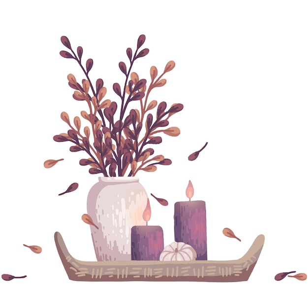 Vector vase of autumn leaves and candles