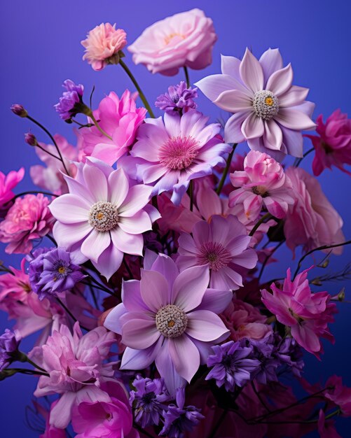 A vase filled with pink and purple flowers on a blue background