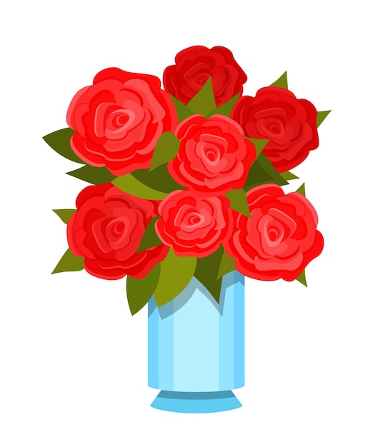 Vase with beautiful bouquet of festive red roses with leaves Flower composition Flowers for festive events wedding birthday holiday of lovers mother's day and St Valentine Vector illustration