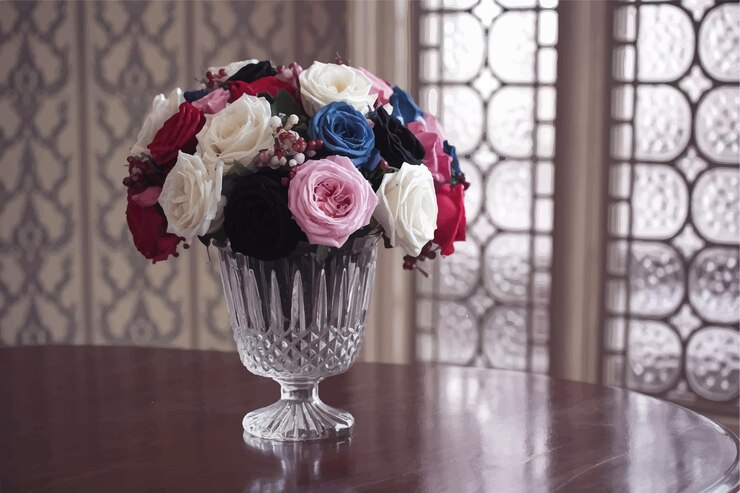 Vector a vase with flowers on a table and a window behind it