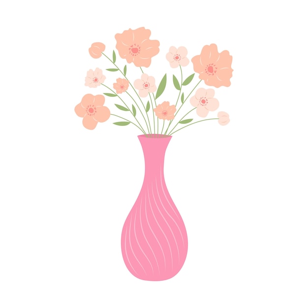 Vase with pink flowers Still life postcard Cartoon flat illustration