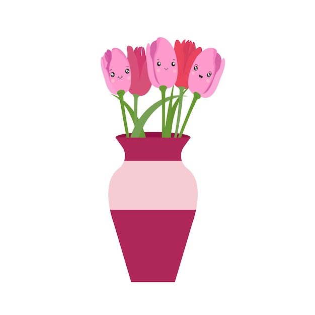 Vase with pink tulips in a vase on a white background Spring bouquet Vector illustration