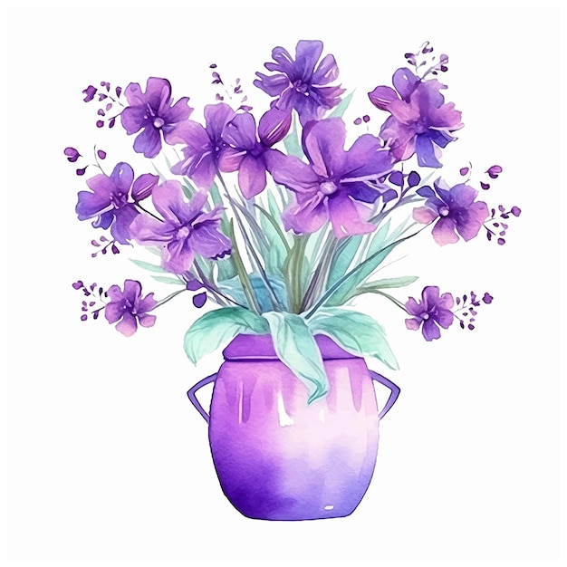 雑誌で紹介された 紫の花が入った花瓶 水彩イラスト AI生成ベクトル画像 Premium | 絵画