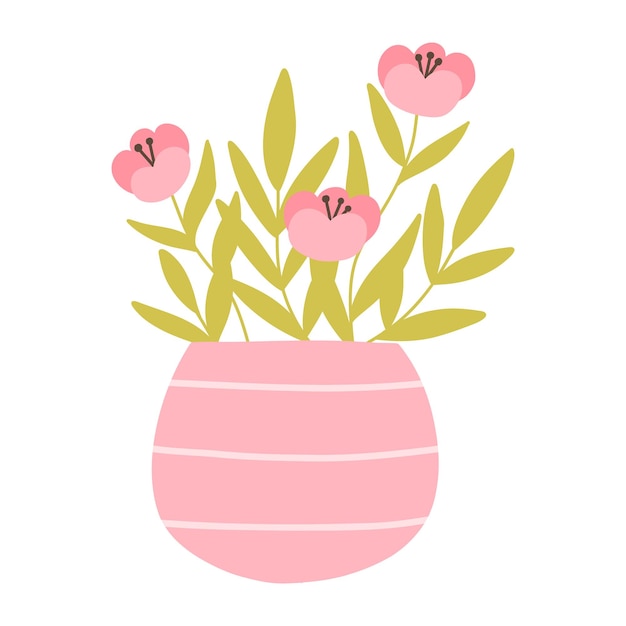 Vase with spring flowers Vector illustration Flat hand drawn style Cute bouquet of flowers with leaves