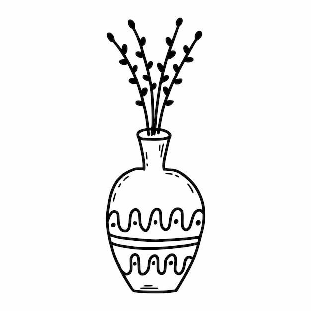 Ваза с ветками растений векторные каракули иллюстрация элемент дизайна открытки