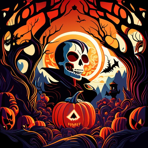 on a vast canvas birth a halloween phantasmagoria a pumpkin skull narrating its legend through