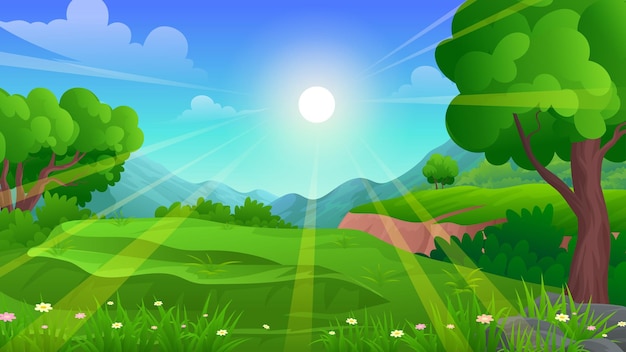 Vector the vast meadow on the hill with green grass, trees and mountain under the blue sky