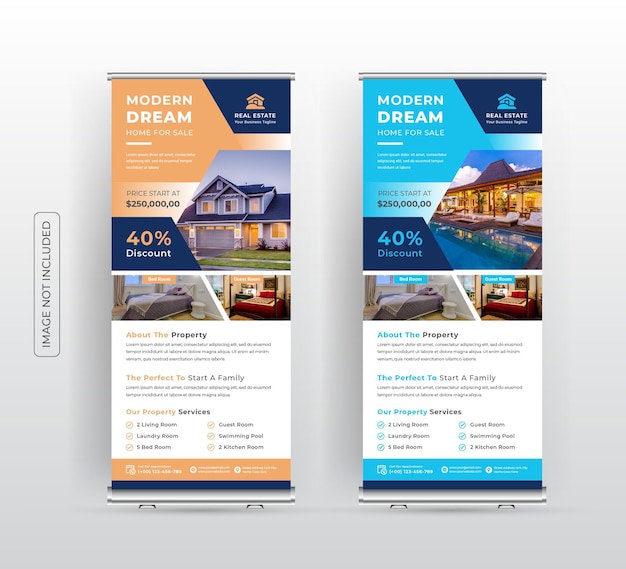 Vector vastgoed rollup banner of morden home sale rollup banner sjabloonontwerp