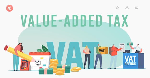 Vat, Value Added Tax Landing Page Template. Male or Female Characters Getting Refund for Foreign Shopping. People Save Budget, Get Money Tax Free at Airport Desk. Cartoon Vector People Illustration