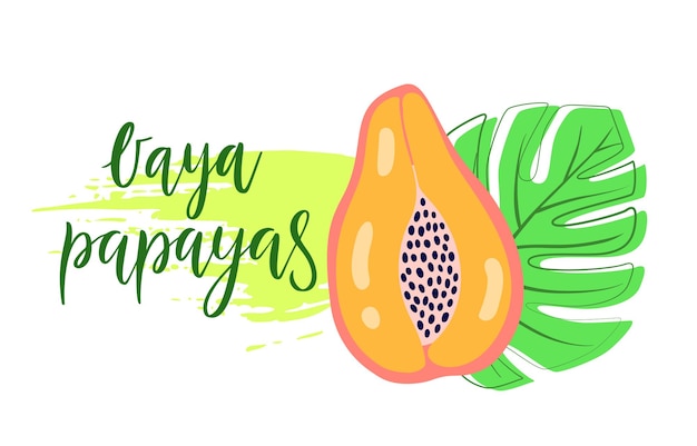 Vaya papaja's vector poster met belettering. slogan in het spaans. zomer grafische achtergrond. vector illustratie papaya fruit, palmbladeren op grunge penseelstreek geïsoleerd op een witte achtergrond.