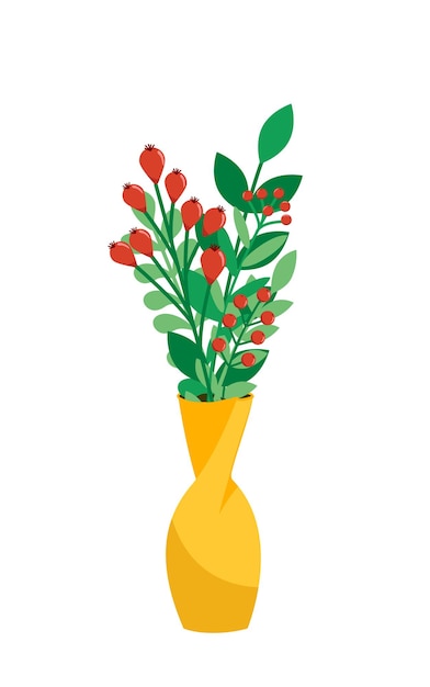 Vaze with bouquet of red berries and leaves Christmas bouquet Flat cartoon vector