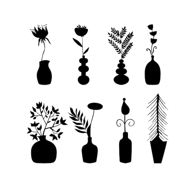 Vazen en flessen met bloemen en planten. vector illustratie. zwarte silhouetten. instellen voor afbeelding d