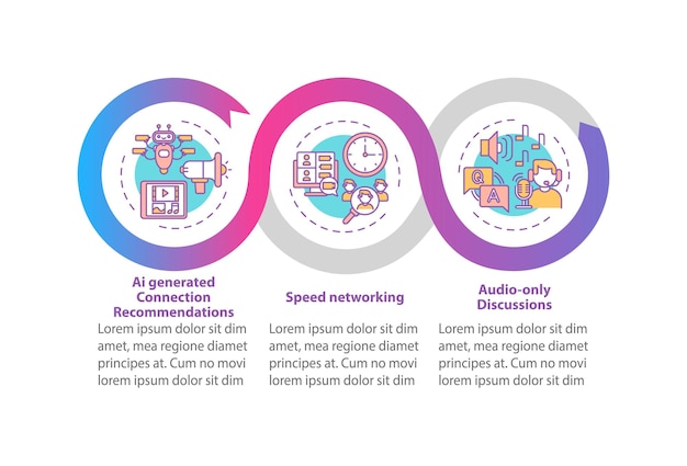 ve for networking vector infographic template. recommendations ai, audio talks presentation design elements. data visualization with 3 steps. process timeline chart. workflow layout with linear icons