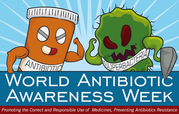 Vecht tussen superbacteriën en medicijnflesje in ontwerp voor World Antibiotic Awareness Week