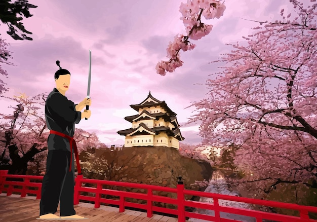 Vechtkunstenaar in zwarte kleren en rode riem met een katana die oefent in een vreedzame Japanse tuin met traditionele architectuur en bloeiende bomen