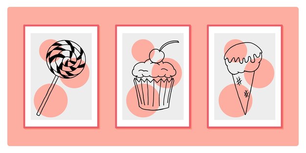 Vector vecror set of hand drawn sweets illustrations for wall decoration postcard or brochure cover design