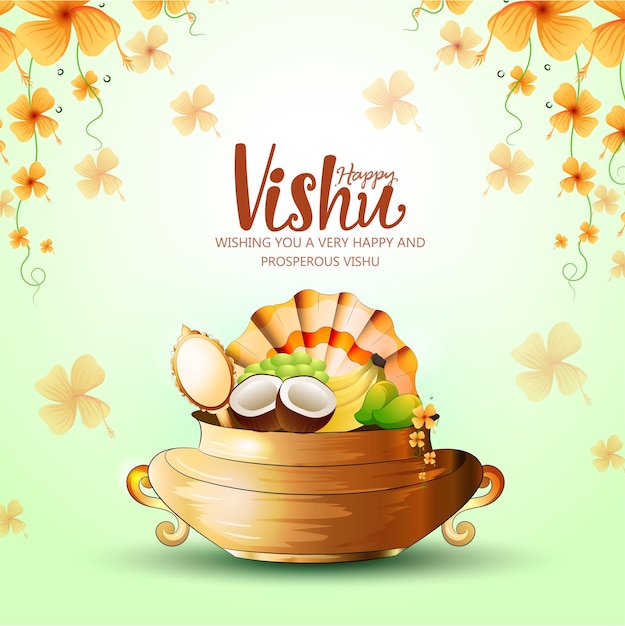 Vector vecter sketch of kerala festival with vishu kani vishu flower fruits and vegetables in a vessel