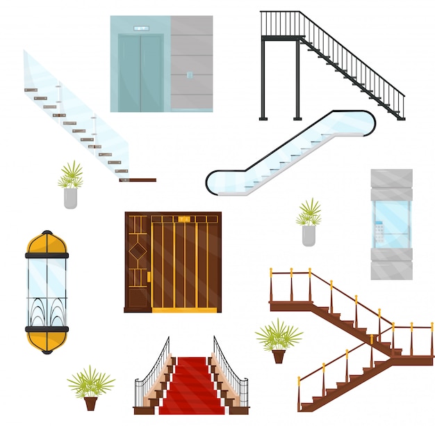  vectoe set of different elevators and stairs. Cabins of mechanical lifts, modern staircases and moving stair. Architectural elements
