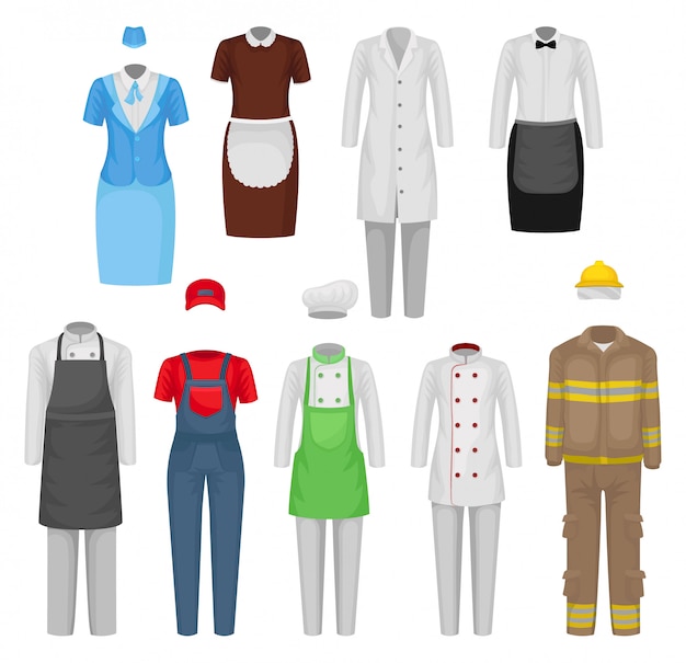 직원 의류의 vectoe 세트입니다. 식당 노동자, 하녀, 스튜어디스, 소방관의 옷. 남성 및 여성 의류