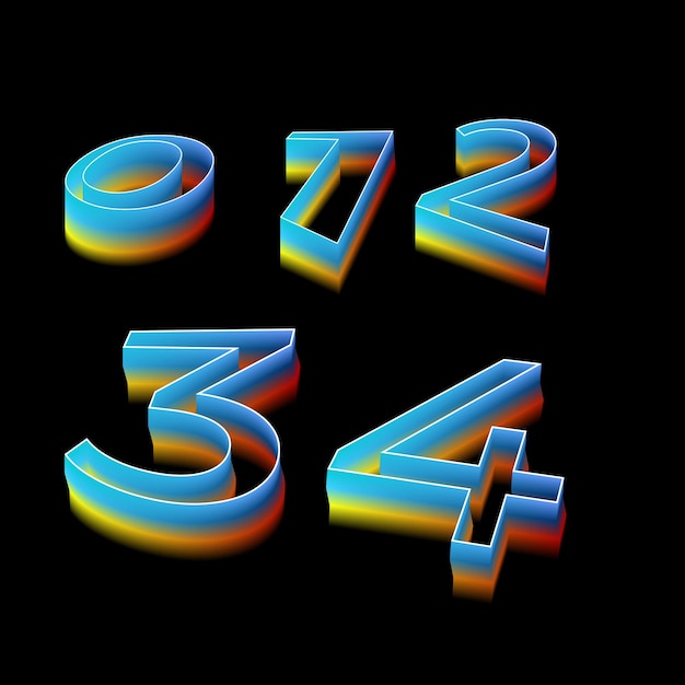 Vector vector 0 to 4 numbers with neon glitch multicolor gradient illusion effect trending neo brutalism