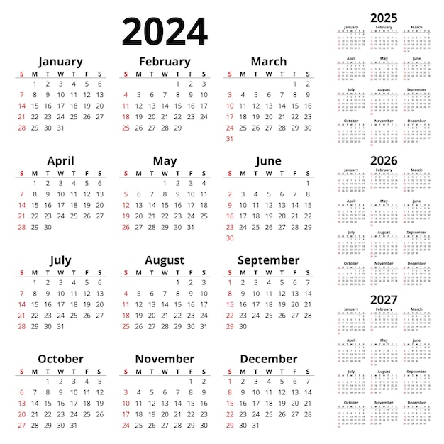 Vector vector 2024 2025 2026 2027 vertical english calendars printable illustration plan your year calendar