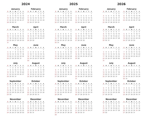 ベクトル ヴェクトル2024 - 2026 縦のカレンダー - 現代的なイラスト - カレンダースタイルで年を計画する