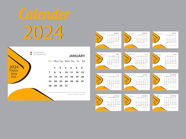 Vettore vettore modello di calendario pulito del nuovo anno 2024