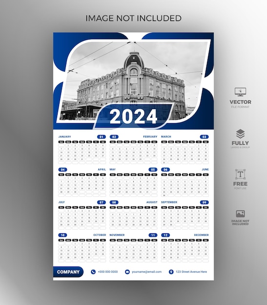 Vector 2024 one page wall calendar design template