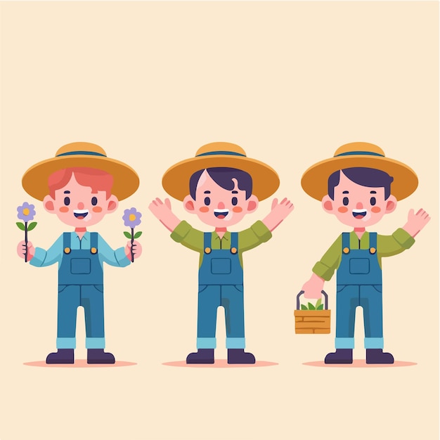 Vector 3 cheerful farmer characters with flat design style