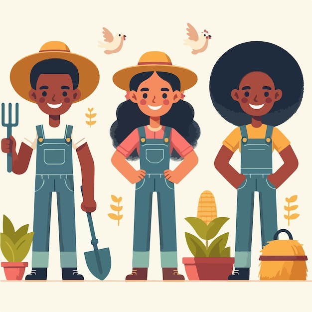 Vector 3 cheerful farmer characters with flat design style