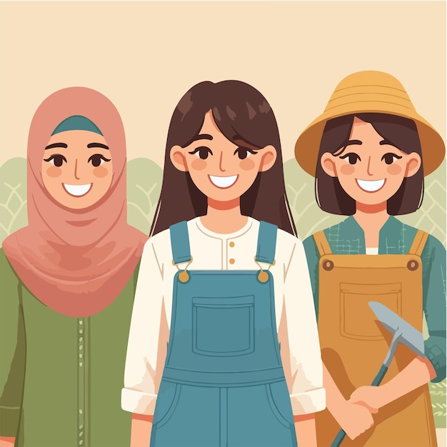 Vector vector 3 cheerful farmer characters with flat design style