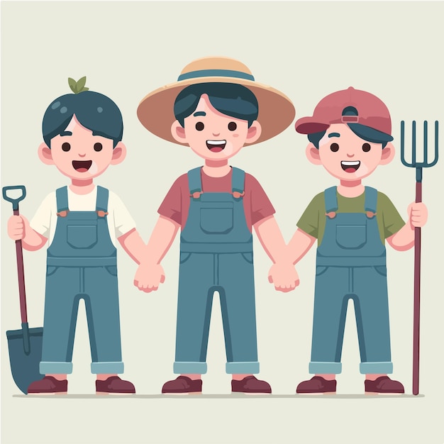 Vector 3 cheerful farmer characters with flat design style