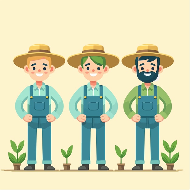 Vector 3 cheerful farmer characters with flat design style