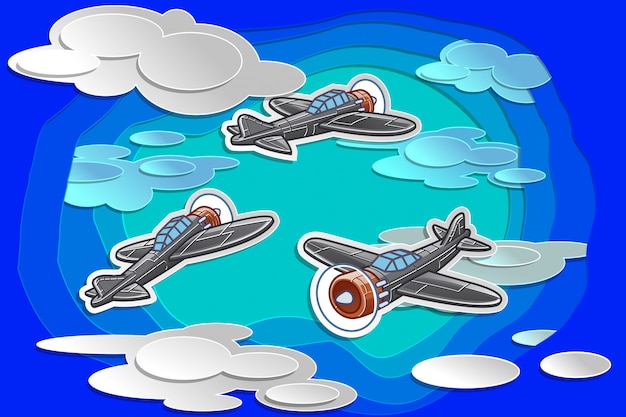 ベクトル3の飛行機は、紙のカットスタイルで空に飛んでいる。
