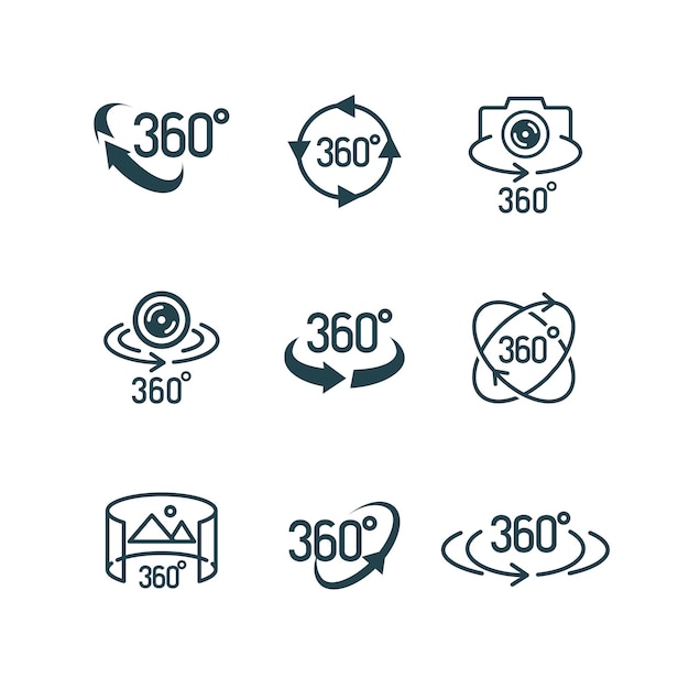 Vector 360 degrees view icon set isolated on white background Math symbol full rotaion download sign 10 eps